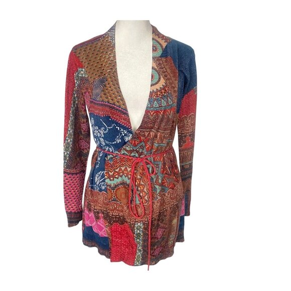 DESIGUAL Women Patchwork Open Front Sweater Sz S Multicolor Long Sleeve 32-13 - Picture 1 of 16
